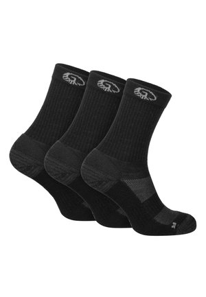 Black socks in a three-pack, featuring ribbed texture, reinforced toe and heel, and a logo on the cuff, designed for durability and comfort.