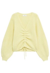 Pull jaune tricoté avec col en V, centre froncé, manches longues et ourlet à cordon de serrage. Tissu texturé avec motif côtelé sur toute la surface.