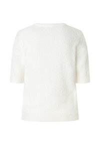 Wei�ßes, fuzzy-texturiertes Kurzarmoberteil mit rundem Ausschnitt und ohne sichtbare Verschlüsse. Glatte Strickoberfläche, weich und leicht im Gefühl.