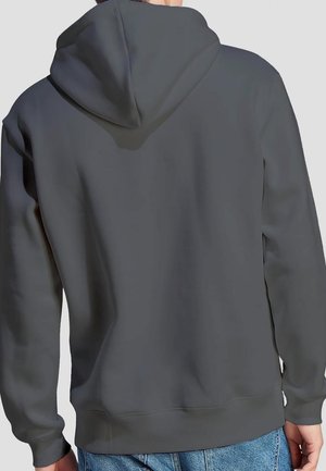 Dunkelgrauer Hoodie mit Kängurutasche und gerippten Bündchen, mit einer Kordelzugkapuze und glatter Oberfläche, von hinten betrachtet.