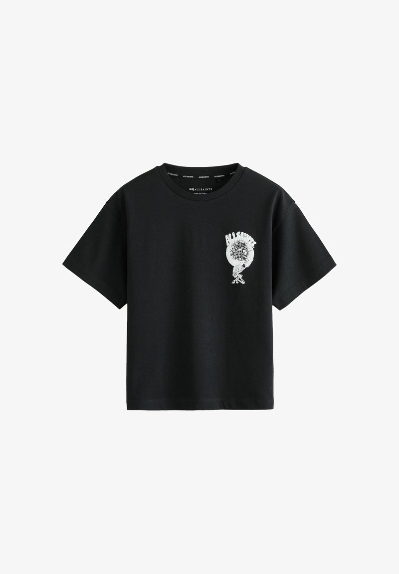 Camiseta negra de manga corta con pequeño logo blanco de AllSaints y gráfico de bola de discoteca en el lado izquierdo del pecho.
