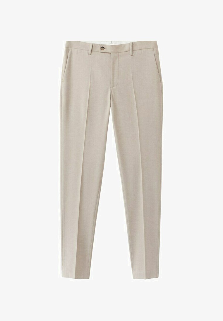 Beżowe, dopasowane, wąskie spodnie z talią, z przednimi zakładkami, szlufkami na pasek, bocznymi kieszeniami i pojedynczym zapięciem na guzik w pasie.