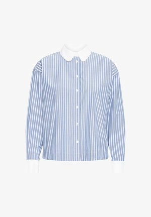 Blauw-wit gestreepte shirt met een klassieke kraag, knoopsluiting aan de voorkant en lange mouwen met witte manchet. Katoenen materiaal, relaxed fit.