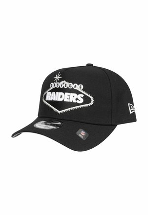 Black cap featuring an embroidered "Las Vegas Raiders" logo in white, with a curved visor and adjustable back closure.