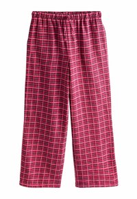 Sarkani un melni kvadrātoti pidžamu bikses, kas izgatavotas no mīksta auduma ar elastīgu jostu un auklu, lai pielāgotu lielumu. Plaši, taisni kājas.