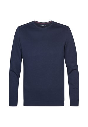 Suéter azul marino de manga larga con cuello redondo, puños y dobladillo acanalados, mostrado sobre un fondo blanco.