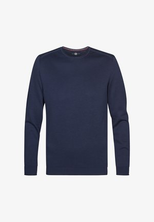 Suéter azul marino de manga larga con cuello redondo, puños y dobladillo acanalados, mostrado sobre un fondo blanco.