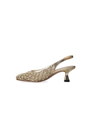 Gold slingback heel shoe with woven metallic upper and a curved mid-height heel on a white background.