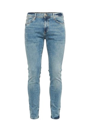 Hellblaue Denim-Jeans mit schmaler Passform, Fünf-Taschen-Design, vorderer Knopfverschluss und dezentem Verblassen des Stoffs.