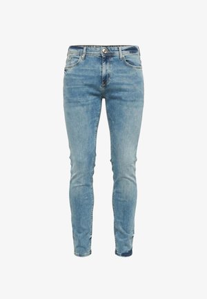 Svetlomodré džínsové nohavice s úzkym strihom, päťvreckovým dizajnom, zapínaním na gombíky vpredu a jemným vyblednutím látky.