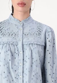 Light blue blouse with embroidered floral patterns, a frilled collar, button closures, and eyelet cutouts on the bodice and sleeves.