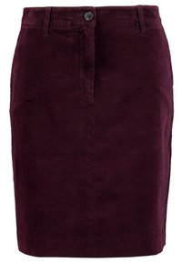 Gonna in velluto a coste bordeaux con taglio dritto, chiusura frontale con bottoni e tasche laterali; il tessuto ha una consistenza morbida con righe visibili.