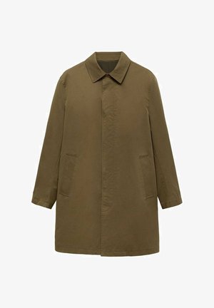 Olivengrøn, knælange frakke lavet af glat stof, med krave, skjult frontlukning og to sidelommer.