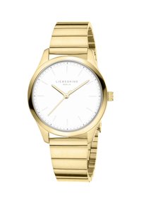 Goldfarbene Analog-Uhr mit einem glatten weißen Ziffernblatt, schlanken Stundenmarkierungen und einem Gliederarmband. Verfügt über ein minimalistisches Design und ein rundes Gehäuse.