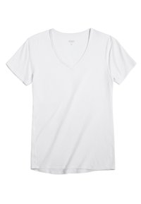 White short-sleeve t-shirt with a v-neck design. Made from soft fabric, features a simple, smooth texture without patterns or accents.