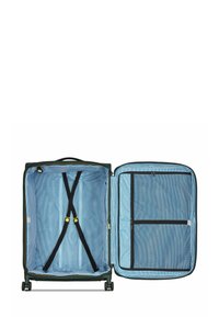 Valigia verde con due scomparti, dotata di un interno a righe blu, cinghie incrociate e una tasca in rete con zip su un lato.
