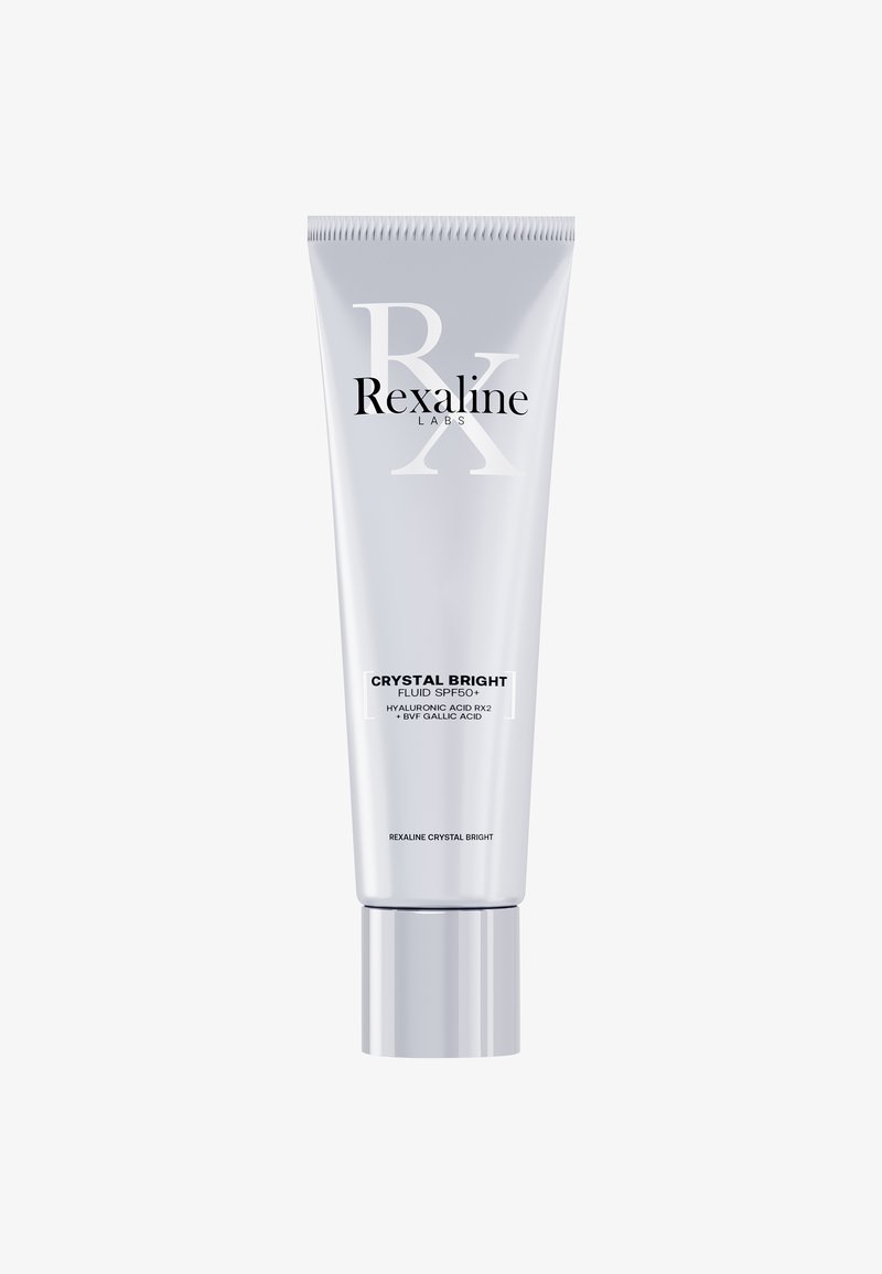 Rexaline Labs Crystal Bright Fluidtube, SPF 50+, mit hervorhebender Hyaluronsäure RX2 und BVF Gallussäure, silberner Deckel, weißer Hintergrund.