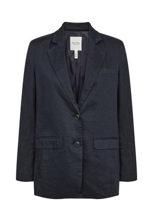 Blazer in lino blu navy scuro con rever intagliati, due tasche frontali con pattina, taschino sul petto e chiusura con due bottoni.