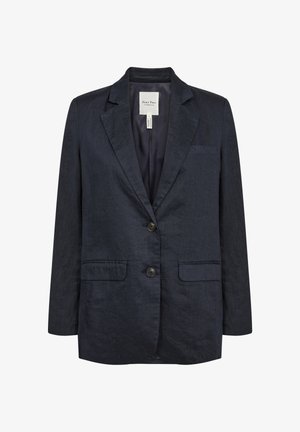 Tmavomodré námornícke ľanové sako s výrezovými klopami, dvoma prednými vreckami na klapky, náprsným vreckom a zapínaním na dva gombíky.