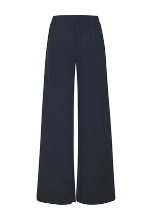 Marineblaue weit geschnittene Hosen mit elastischem Bund, aus weich gewebtem Stoff, mit fließendem Design und glatter Textur.