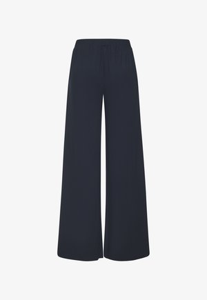 Marineblaue weit geschnittene Hosen mit elastischem Bund, aus weich gewebtem Stoff, mit fließendem Design und glatter Textur.