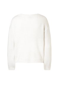 Weißer Strickpullover mit langen Ärmeln, gerippten Bündchen und Saum, von hinten auf einem schlichten weißen Hintergrund gezeigt.