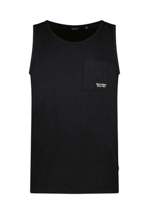 Zwart katoen tanktop met ronde hals, linkerkant borstzak en "Cars Jeans Since 1982" geborduurd in het wit op de zak.
