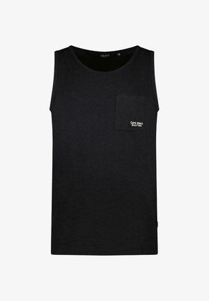 Zwart katoen tanktop met ronde hals, linkerkant borstzak en "Cars Jeans Since 1982" geborduurd in het wit op de zak.