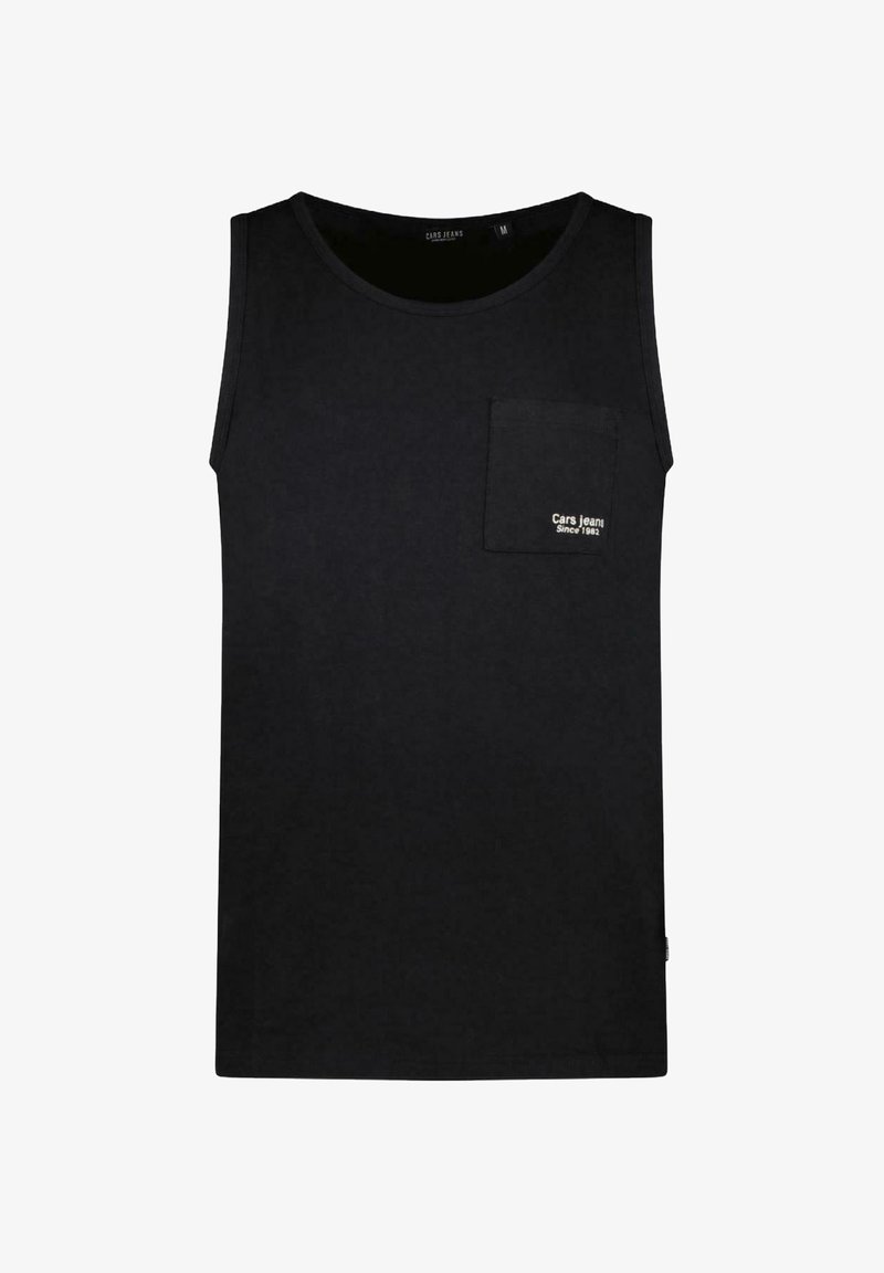 Zwart katoen tanktop met ronde hals, linkerkant borstzak en "Cars Jeans Since 1982" geborduurd in het wit op de zak.
