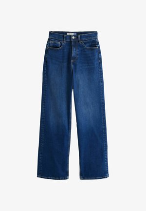 Tamsiai mėlyni platėjančių kojų džinsai su priekiniais mygtukais, užtrauktuku, diržo kilpomis ir klasikinio penkių kišenių dizainu.