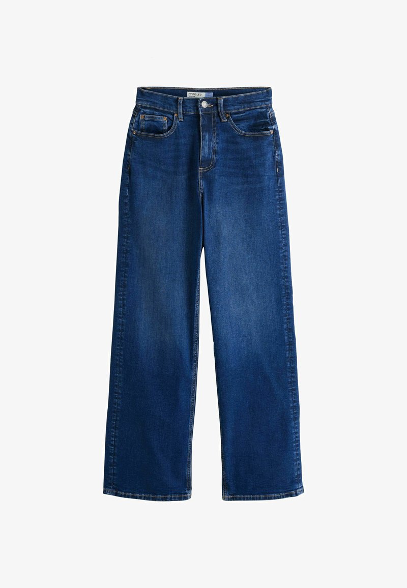 Tumeda sinist värvi laia säärega teksapüksid, ees nupuga, lukuga, vööaasadega ja klassikalise viiepulga taskute disainiga.