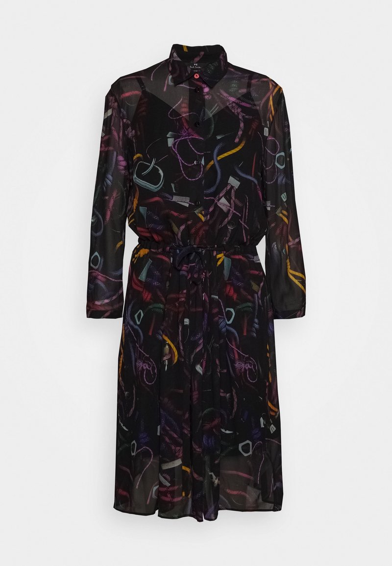 Abito nero trasparente con un motivo astratto colorato, maniche lunghe, chiusura con bottoni e vita regolabile con cordoncino.