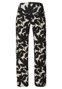 Černé a krémové kalhoty se vzorem, které mají velké květinové motivy, fitted pas a rovný střih s hladkým povrchem.