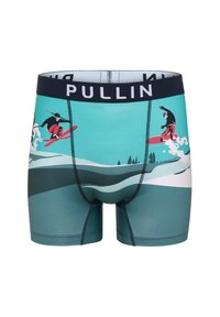 Boxers pour hommes en teal avec un motif de surf et de snowboard. Dotés d'une ceinture élastique marine portant le logo "PULLIN" et d'une couture contrastante.