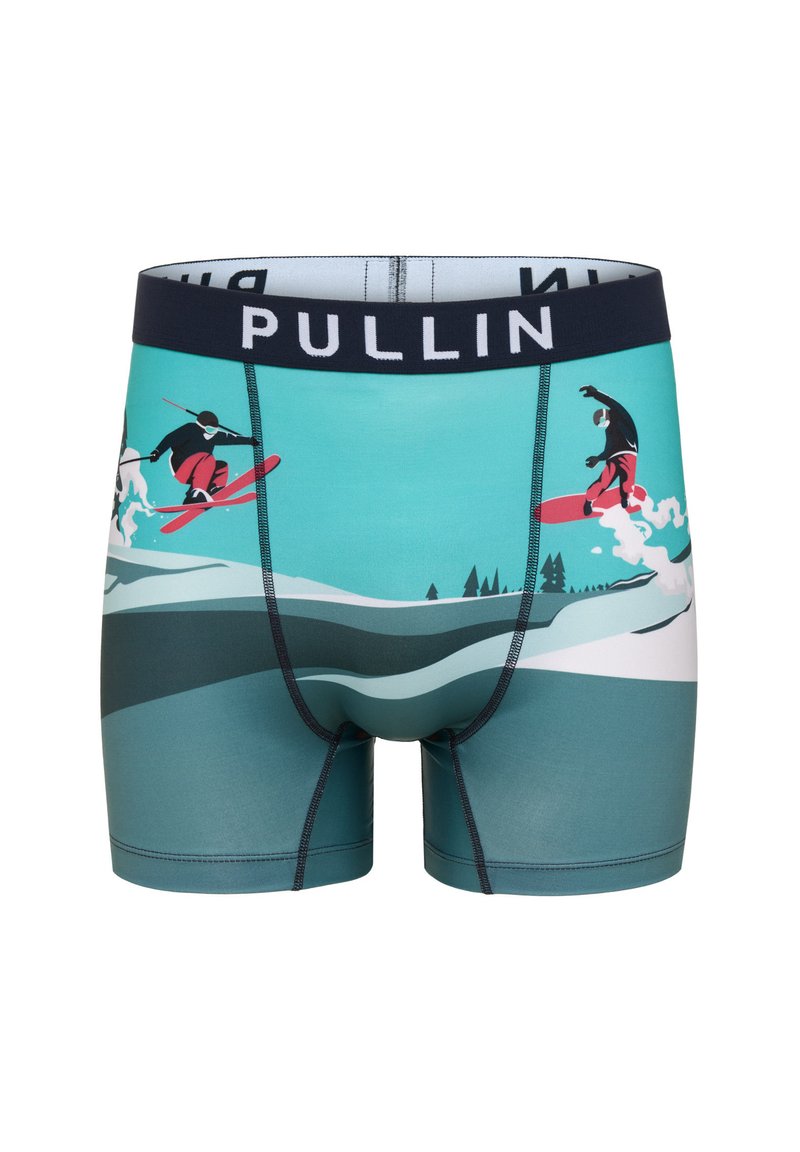 Boxers pour hommes en teal avec un motif de surf et de snowboard. Dotés d'une ceinture élastique marine portant le logo "PULLIN" et d'une couture contrastante.
