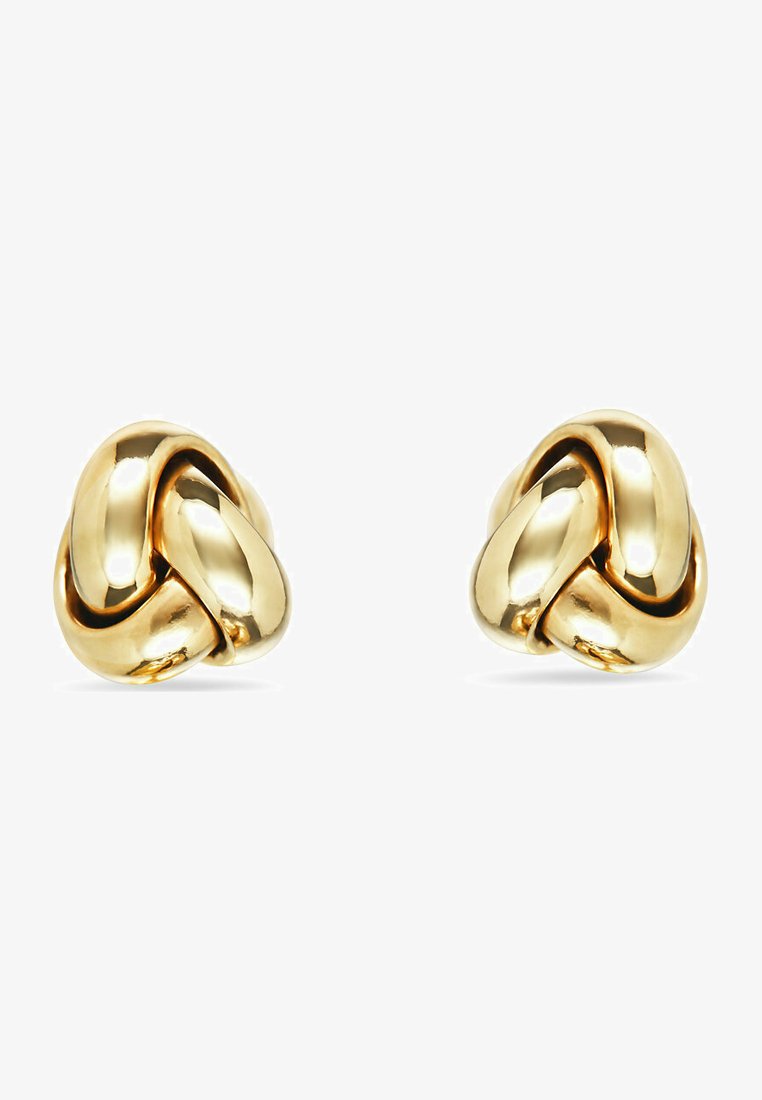 Guldtonade knutor som pryds av en polerad yta med sammanflätade öglor, vilket skapar en tredimensionell design och en jämn textur.