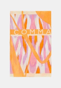 Multicolored scarf featuring orange, pink, and white abstract patterns; smooth texture with printed "COMMA" across the center.