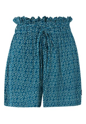Blaue gemusterte Shorts mit einem gerafften elastischen Bund und Kordelzug. Enthält ein weißes abstraktes Design auf dem gesamten Stoff.