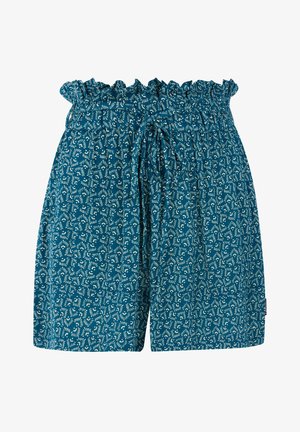 Blaue gemusterte Shorts mit einem gerafften elastischen Bund und Kordelzug. Enthält ein weißes abstraktes Design auf dem gesamten Stoff.