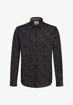 Tume mustriga pika varrukaga nööpidega särk krae ja väikese rinnalogoga, millel on peen punane ja hall abstraktne disain.