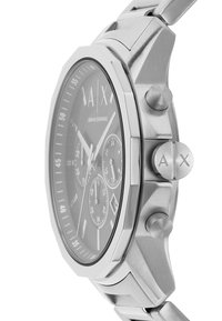 Orologio in acciaio inossidabile con quadrante nero, cassa ottagonale, sub-quadranti cronografici e logo in rilievo sulla corona e sul bezel.