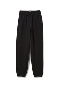 Schwarze Jogginghose aus weichem Stoff, mit elastischem Bund und Bündchen am Knöchel für eine taillierte Passform. Glatte Textur ohne Muster.