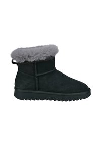 Schwarze Wildleder-Stiefeletten mit einem grauen Fellkragen, strukturierter Oberfläche und einer robusten Gummisohle mit einem Zickzackmuster.