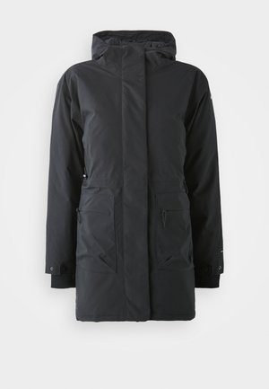 Zwarte waterdichte parka-jas met een rits aan de voorkant, hoge kraag, twee voorzakken en elastische manchetten. Glad textuur, warm isolatiedesign.