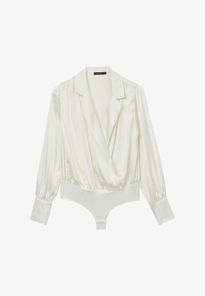 Body in satin avorio con lunghe maniche a palloncino, colletto sciallato e vita aderente. Texture liscia con silhouette affusolata e senza motivi.