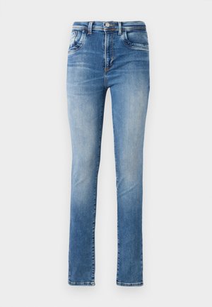 Hellblaue Slim-Fit-Jeans aus Denim mit hohem Bund, klassischem Five-Pocket-Design und subtilen Verblassungen an den Beinen.
