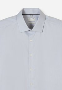 Light blue textured men's button-up shirt with spread collar and body fit cut, labeled Olymp Live Five, size 41/16.