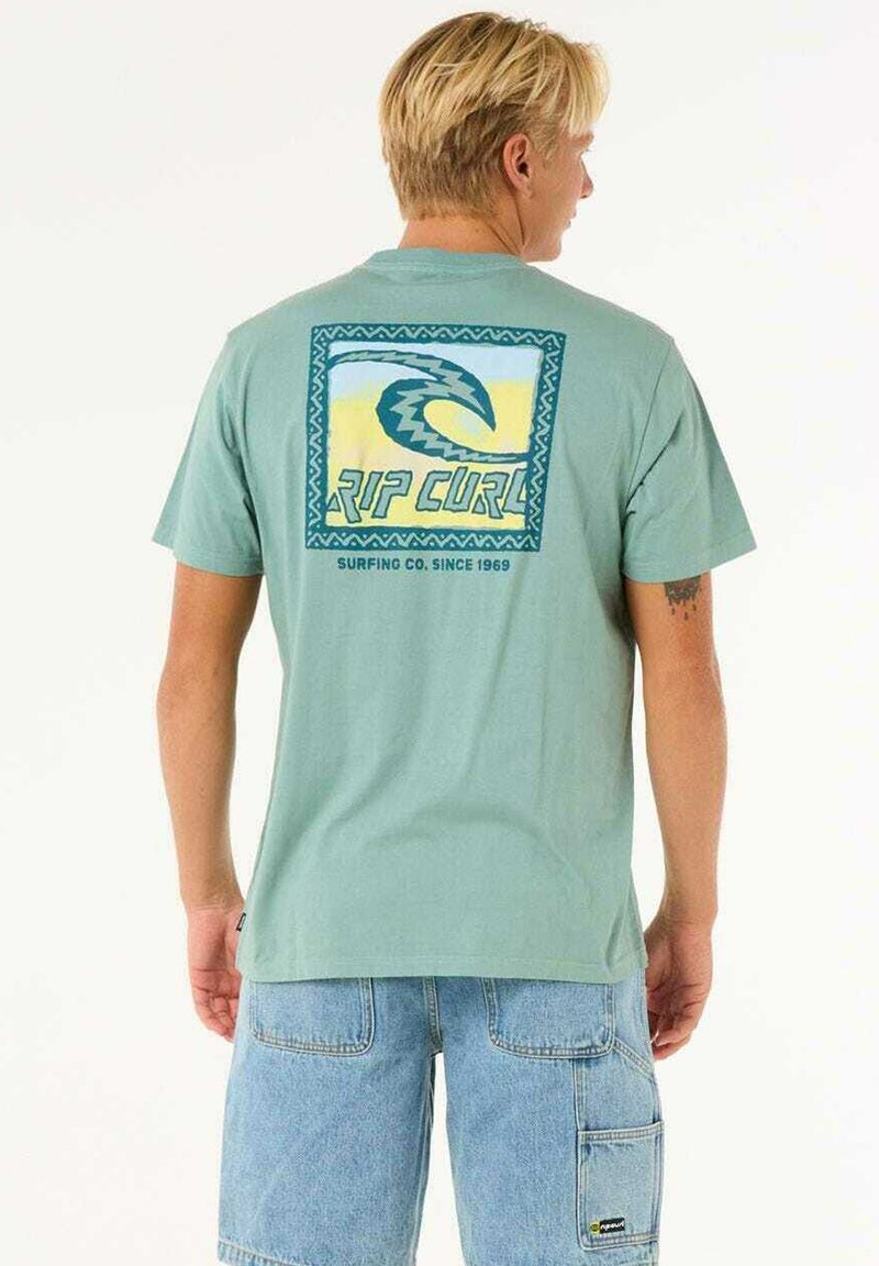 Lys grøn bomulds-t-shirt med et retro-inspireret grafisk print på ryggen, der viser bølger og teksten "RIP CURL". Standard pasform design.