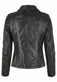 Schwarze Lederjacke mit taillierter Passform, genähten Details und Reverskragen. Glatte Textur mit langen Ärmeln.