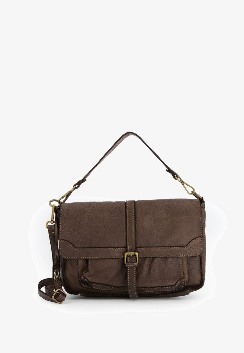 Brown leather crossbody bag with a textured surface, a front flap secured by a buckle, and an adjustable strap for versatility.